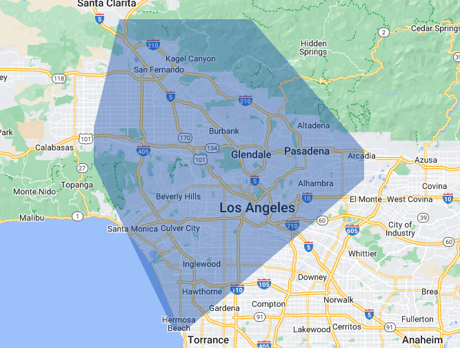 A map of the greater LA area where LA Water Solutions provides their services.